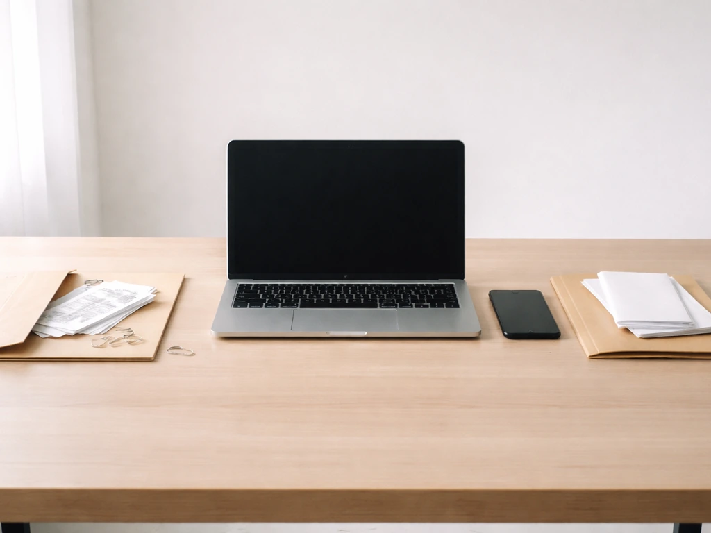 Minimal office desk scene symbolizing assets vs liabilities with folders and envelopes, no text or people.