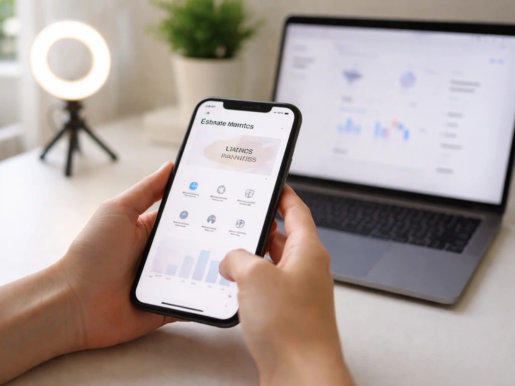 Hands holding a smartphone beside a laptop with blurred social analytics, suggesting influencer income modeling.