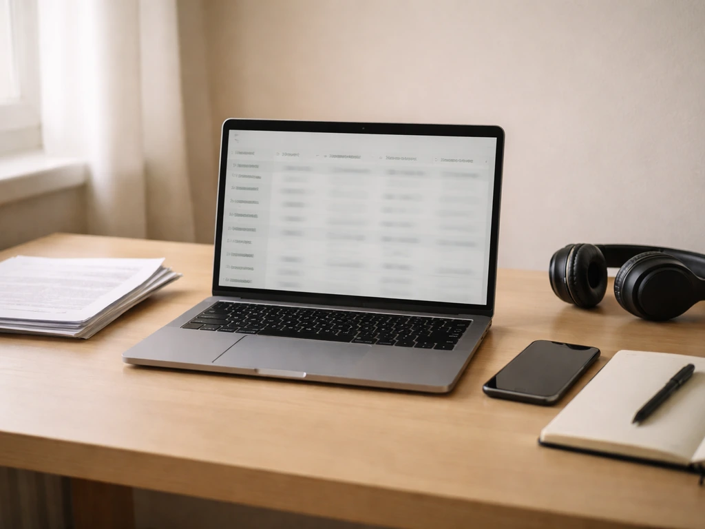 Minimal desk scene with a laptop showing blurred comparison table rows and finance notes, no readable text.