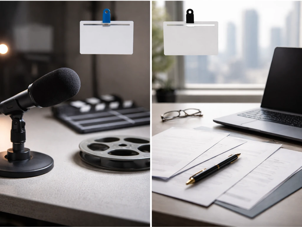Split-screen scene showing media vs business/profile cues with blank cards—no person depicted.