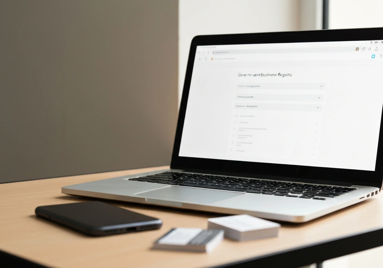 Laptop on a desk showing a blurred government business registry search/results flow.