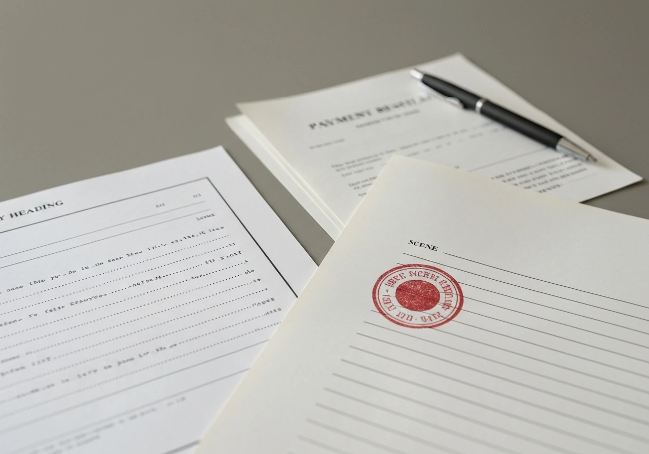 Close-up of a screenplay page beside blank contract and royalty documents on a desk.