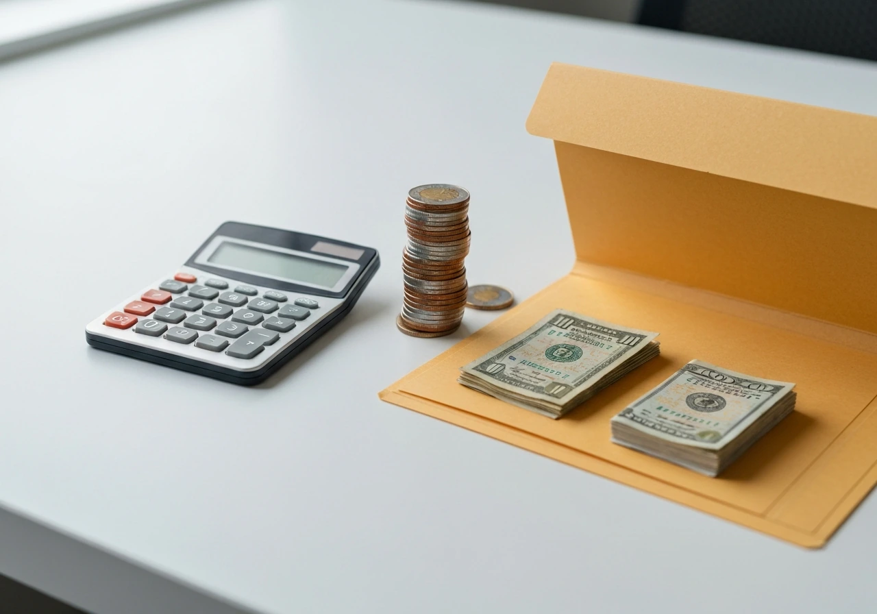 Minimal photo showing a calculator, cash, and an open folder separating money after deductions