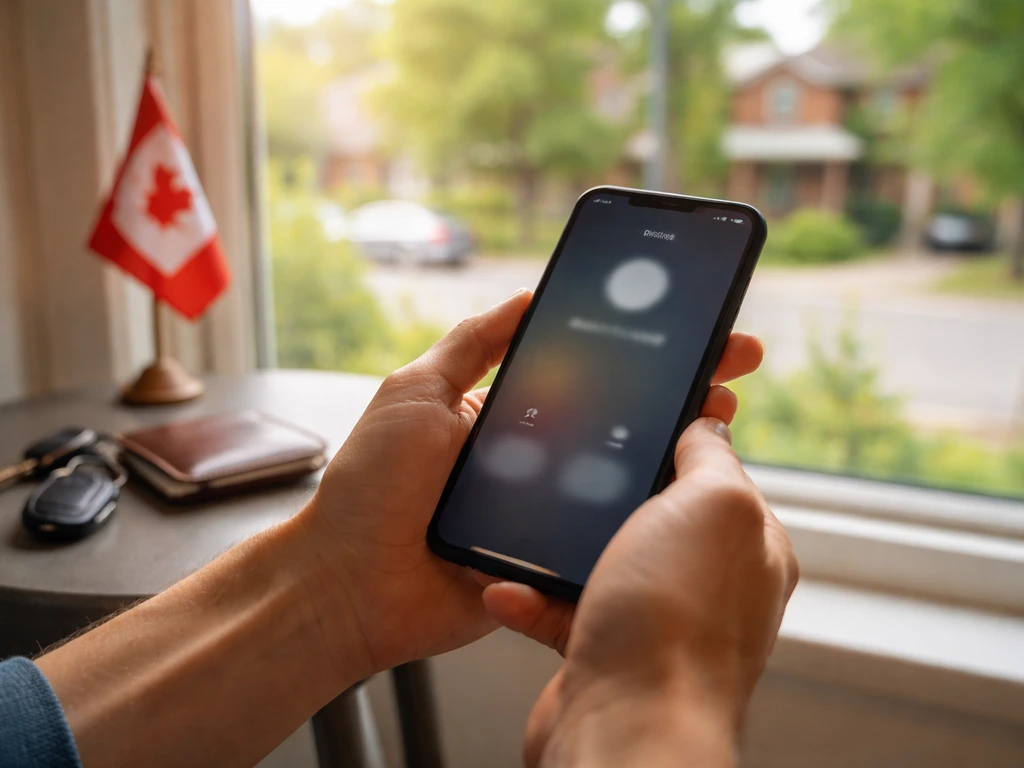 Person holding a smartphone beside a Canadian flag and keys, suggesting identity verification in Ontario