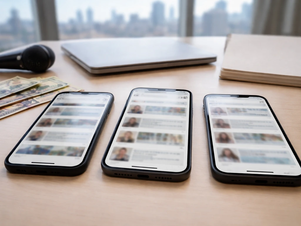 Desk with anonymous blurred search results on phone screens, money, and a microphone for identity disambiguation.