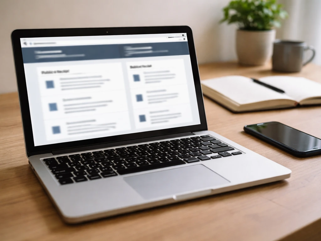 Minimal desk scene with a laptop showing blurred public records portal-style web pages, no readable text