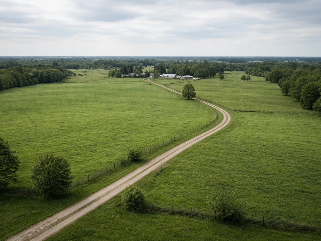Aerial view of a large rural ranch in King Township, Ontario with fields and distant buildings.
