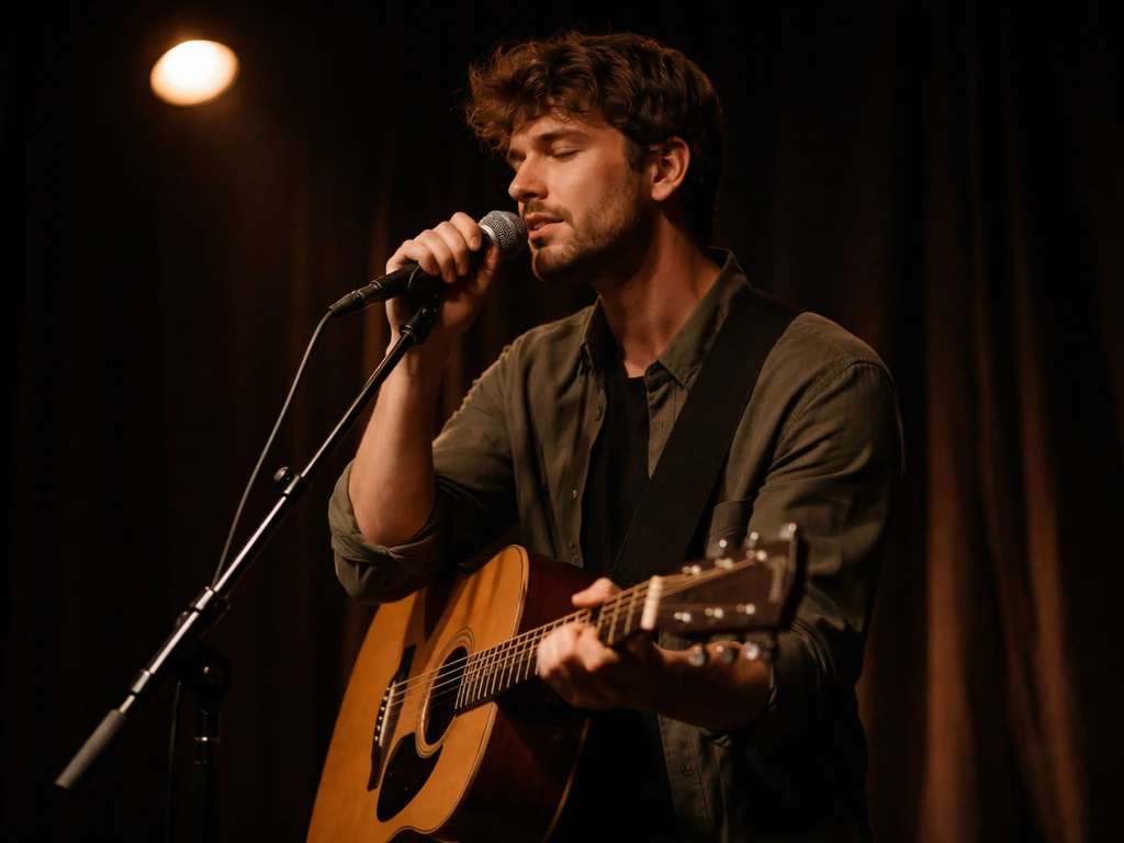 Anonymous singer-songwriter performing with an acoustic guitar and handheld microphone under warm stage light.