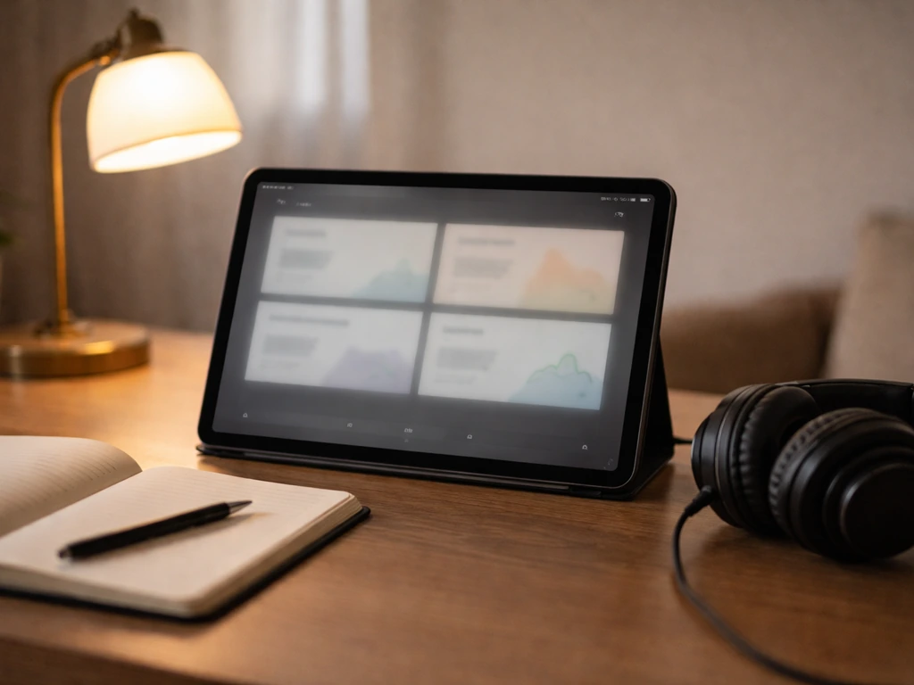 Close-up of a creator’s tablet showing a generic creator dashboard with income-style tiles, no readable text.