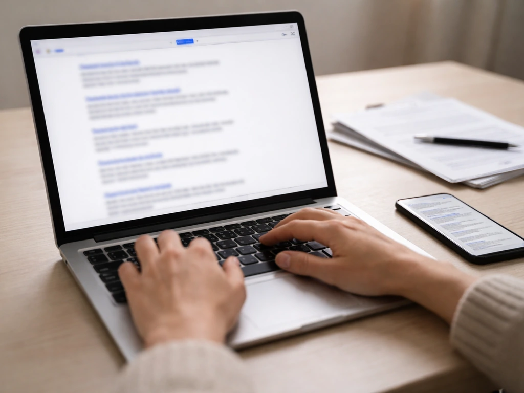 Hands searching on a laptop with blurred public web pages, suggesting due-diligence verification workflow.