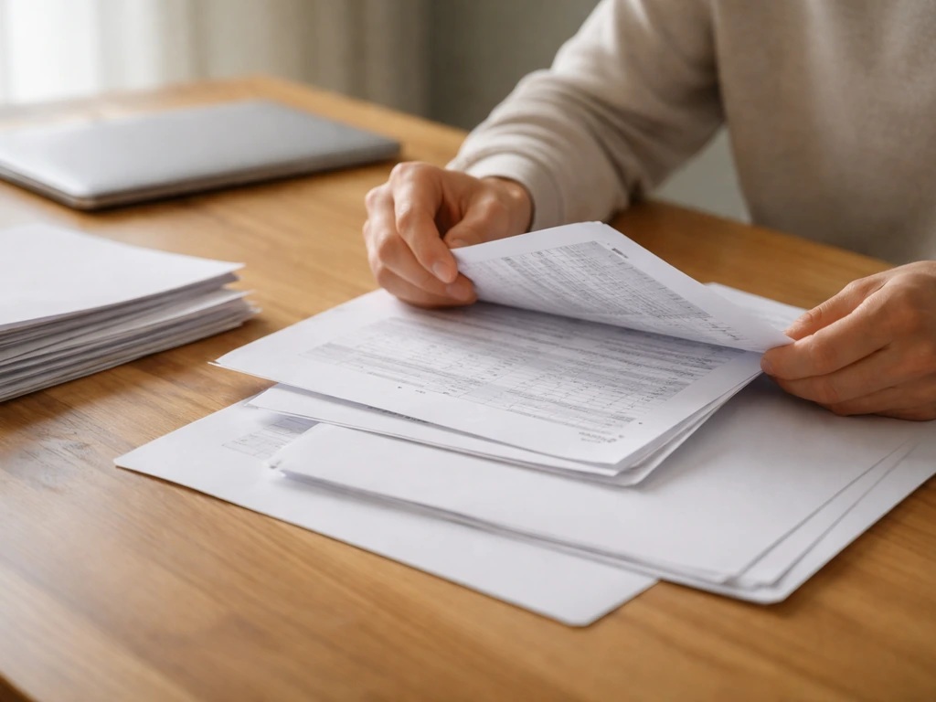 Hands sorting financial documents on a desk beside a laptop, symbolizing net worth research