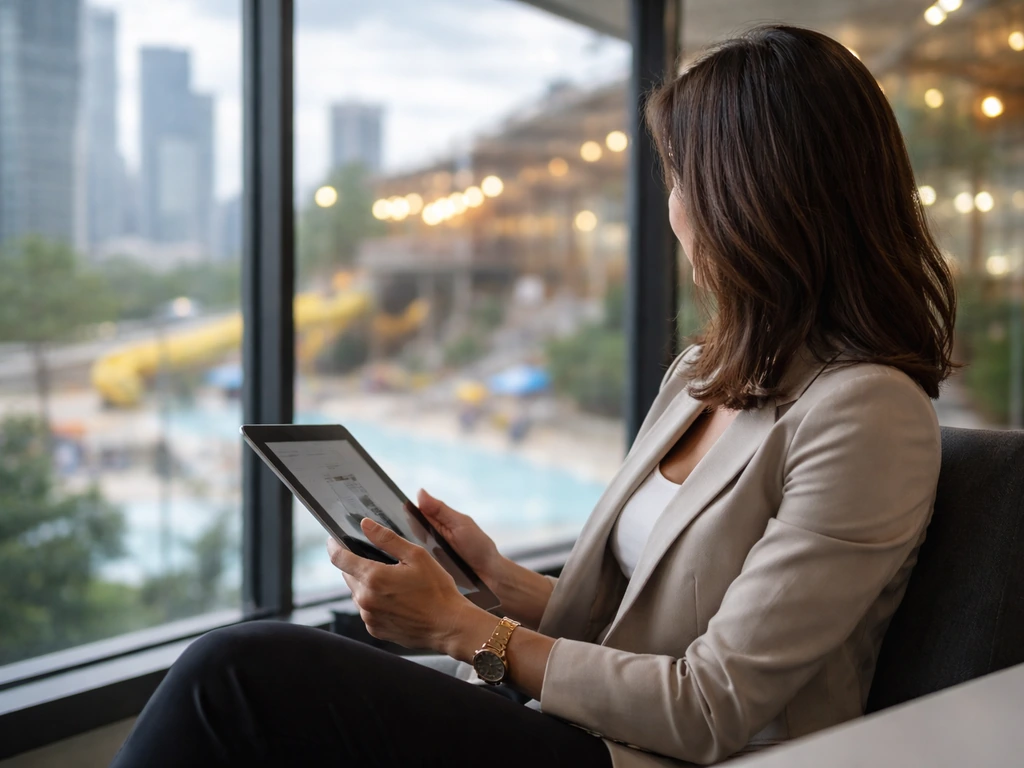 Anonymous executive woman in a bright office with a blurred resort water-park backdrop.