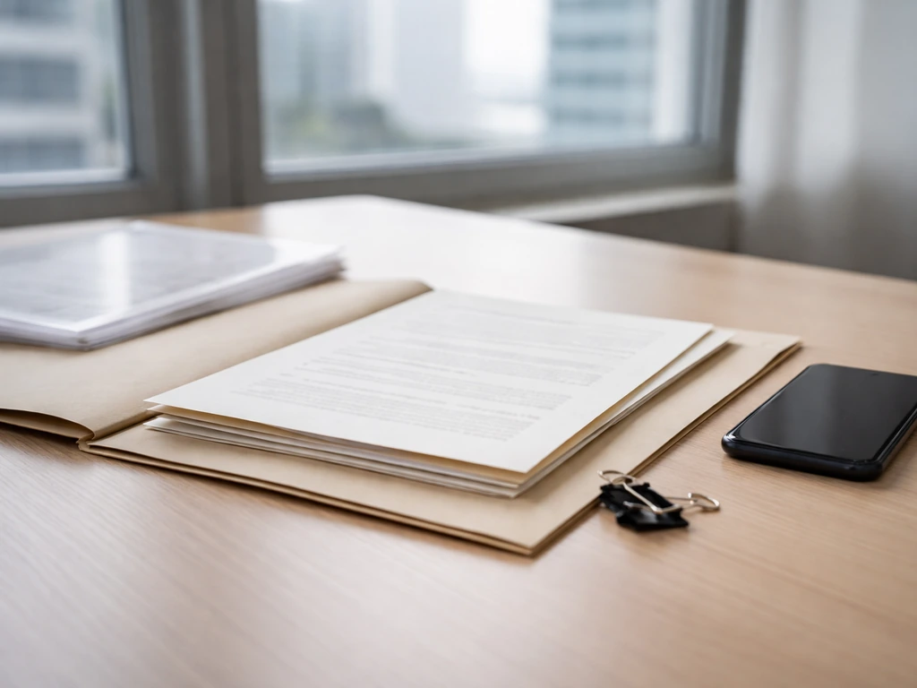Open legal documents on a desk with a binder clip and a blurred city view, suggesting SEC filings.