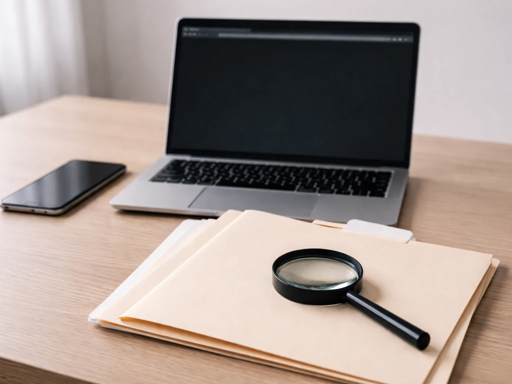 Minimal desk scene with laptop, documents, and a magnifying glass symbolizing SEC EDGAR verification.