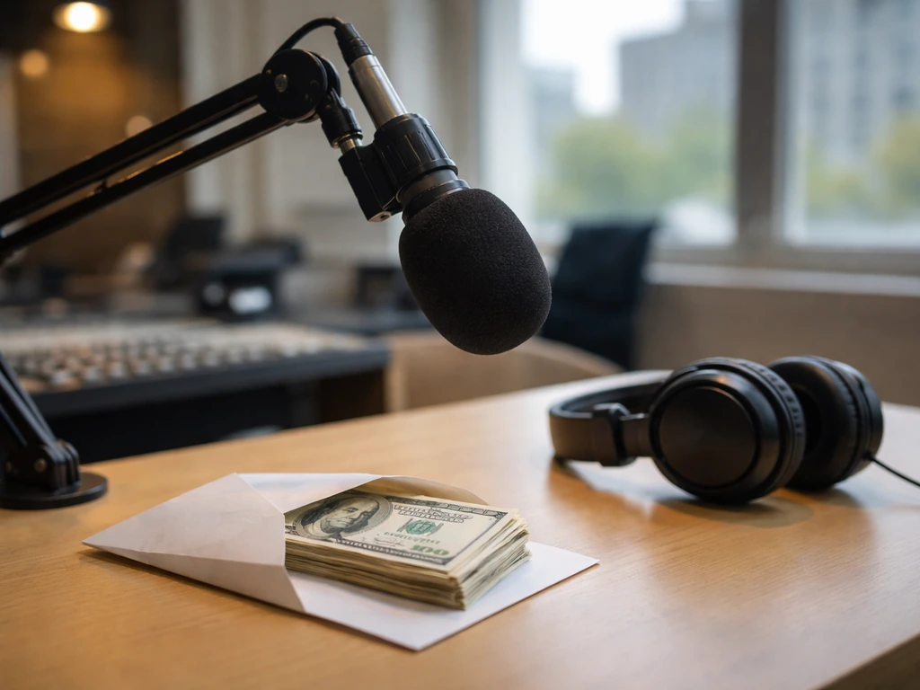 Anonymous radio studio scene with microphone and cash envelope symbolizing media income and wealth analysis