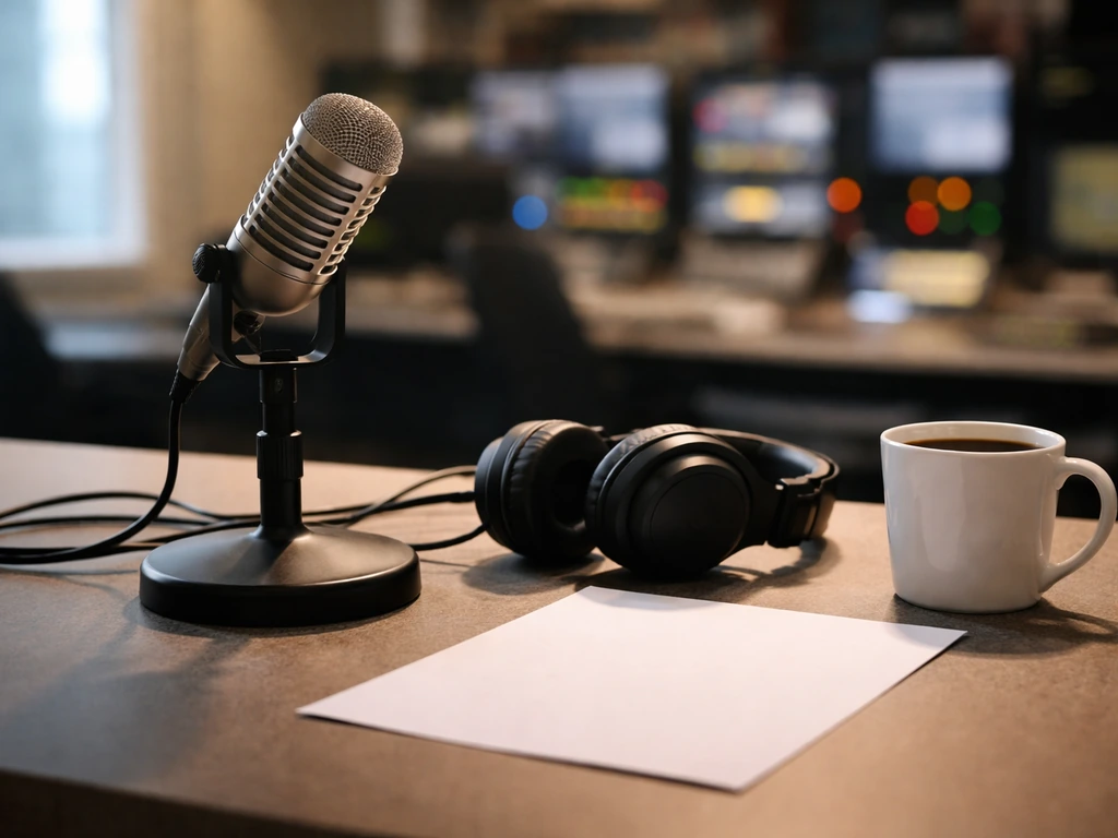 Close-up of a broadcast microphone and headphones on a studio desk with blurred newsroom lights behind