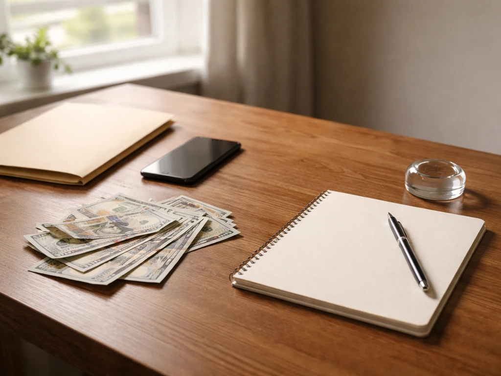 Minimal desk scene with a closed folder and scattered banknotes, symbolizing verified facts vs estimates