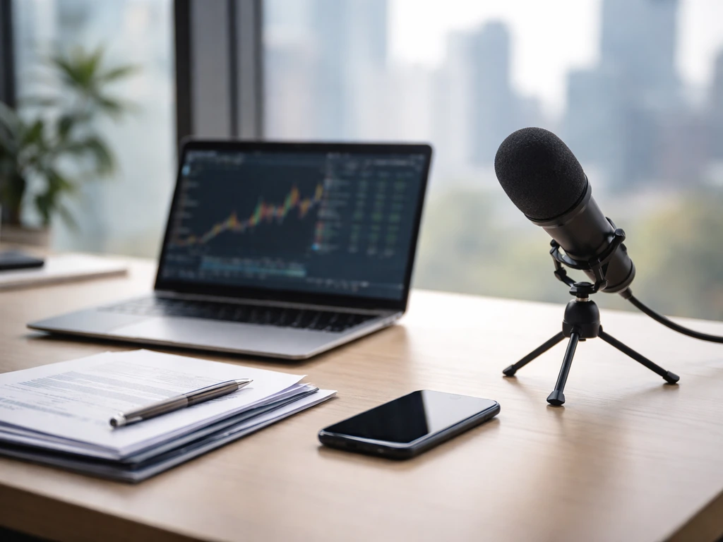 Minimal finance office scene with laptop and microphone suggesting net worth and trading verification work.