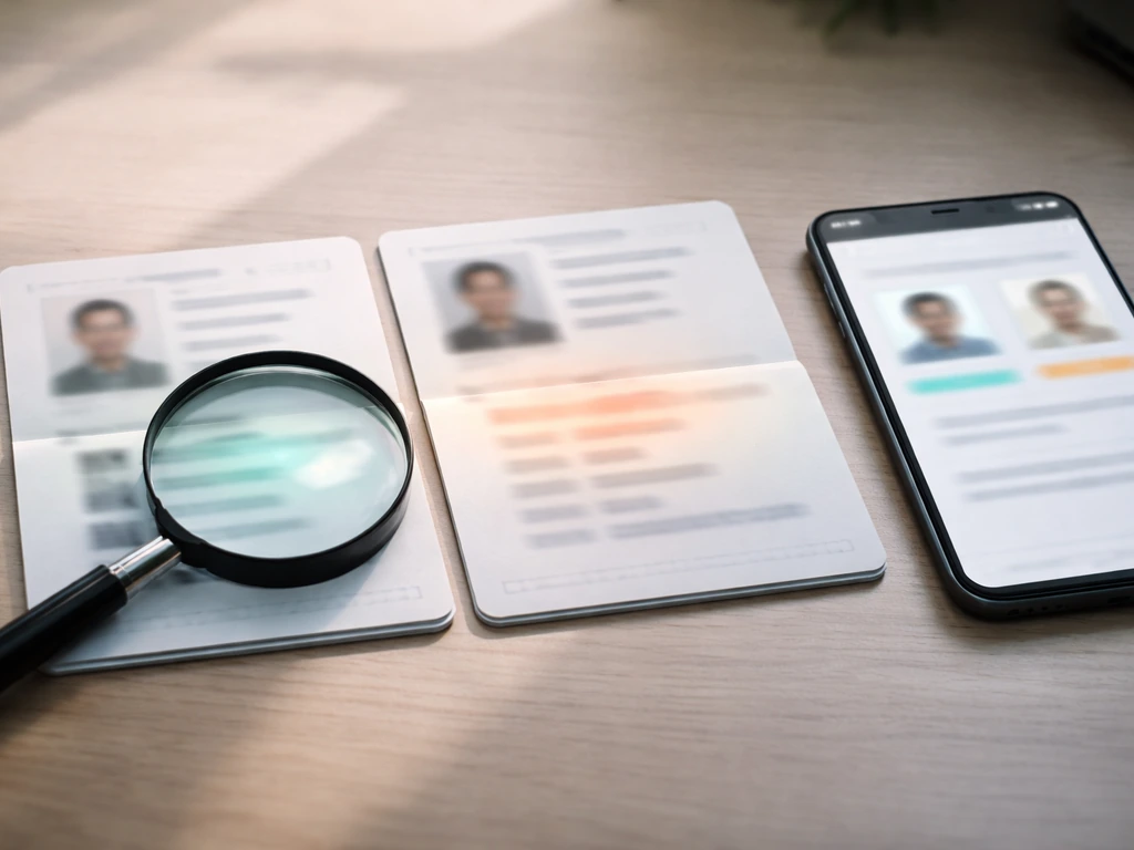 Close-up of two passports and a smartphone showing matching personal details for identity verification