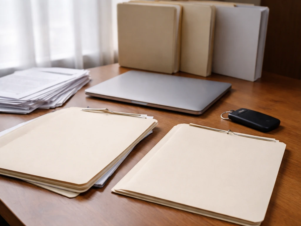 Minimal desk scene with unlabeled documents and clearly empty evidence folders, symbolizing missing net-worth inputs.