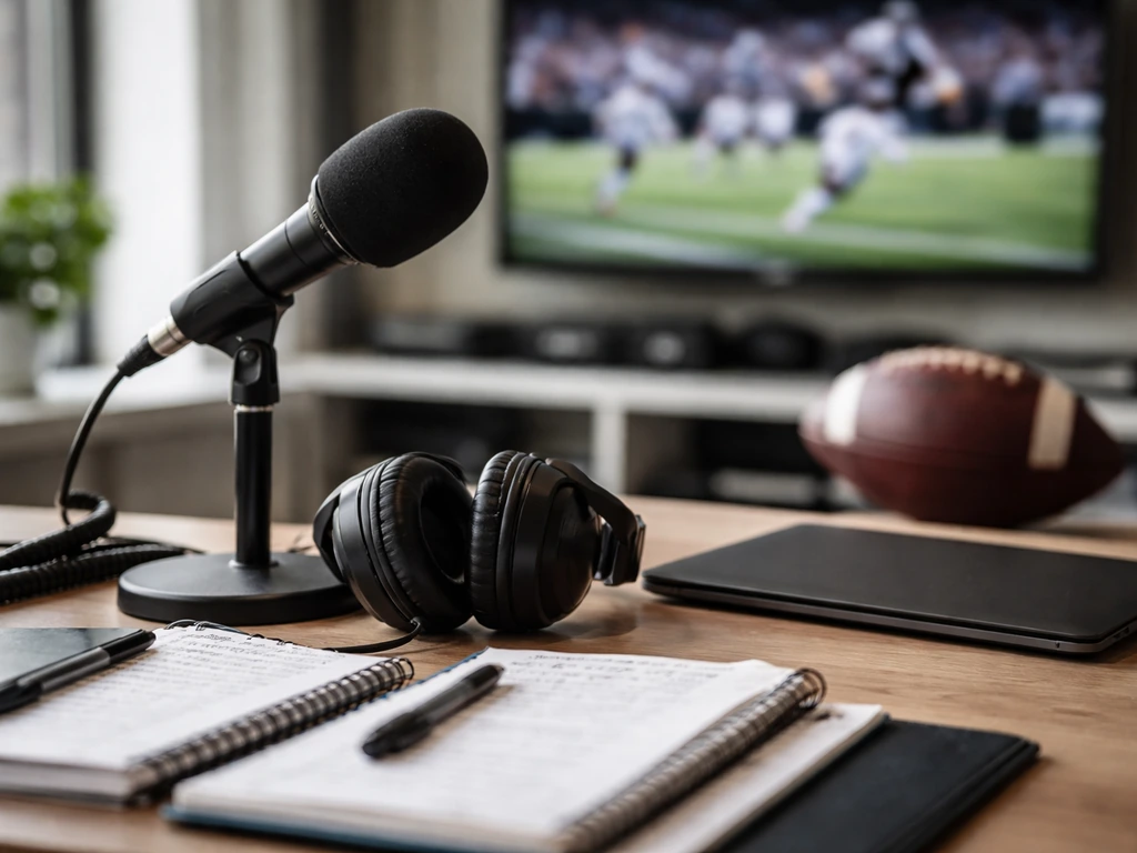 Sports media insider working in a quiet office studio with an NFL-themed background