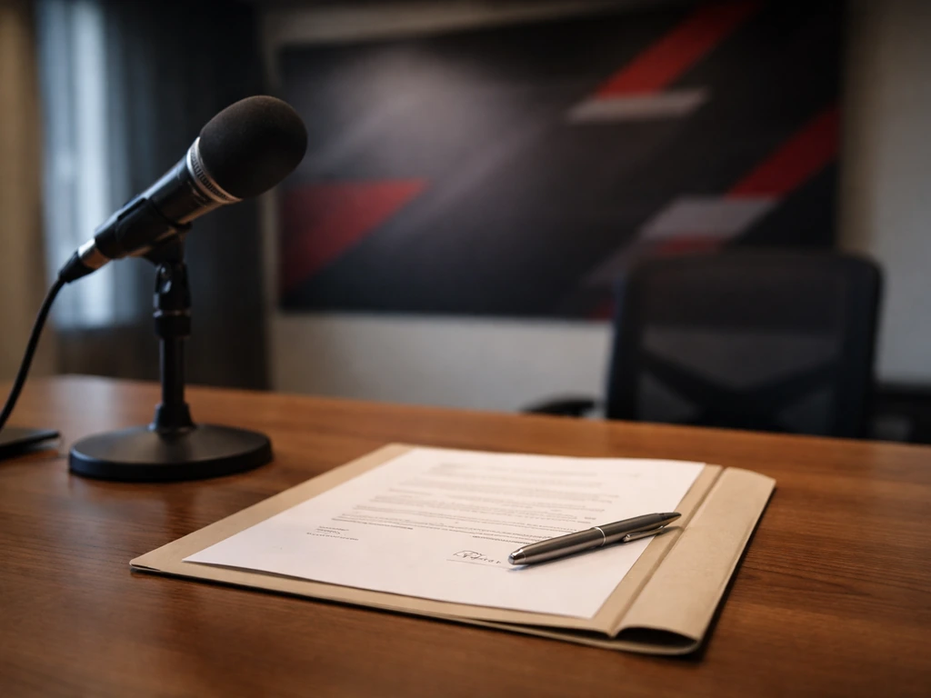 Quiet media office desk with an ESPN-style press backdrop, microphone, and an open contract folder