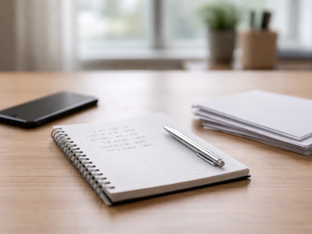 Minimal desk scene with a notebook showing handwritten money figures and a phone beside it