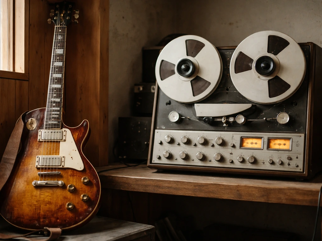 Worn electric guitar memorabilia beside a vintage analog tape machine in a quiet studio setting.