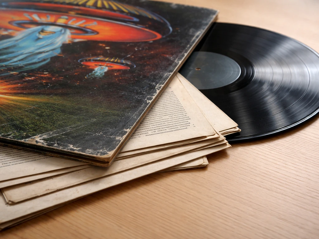 Close-up of a Boston debut album on a desk with vinyl liner notes, suggesting ongoing royalties.