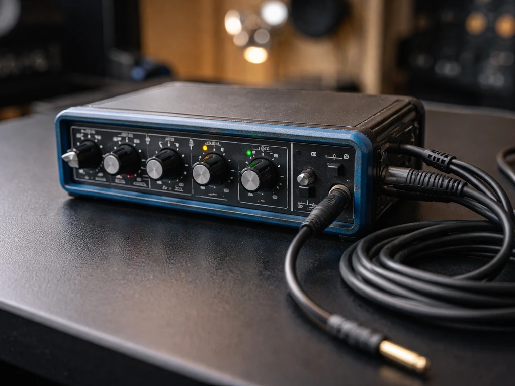Rockman-style headphone amplifier/effects unit on a desk with visible knobs, cables, and dim studio lighting