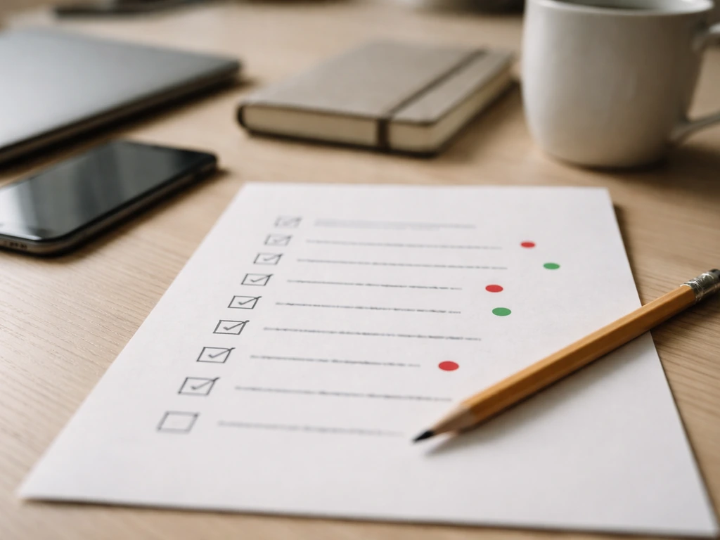 Close-up of a checklist page with colored markers, beside a laptop showing a blurred research-style document