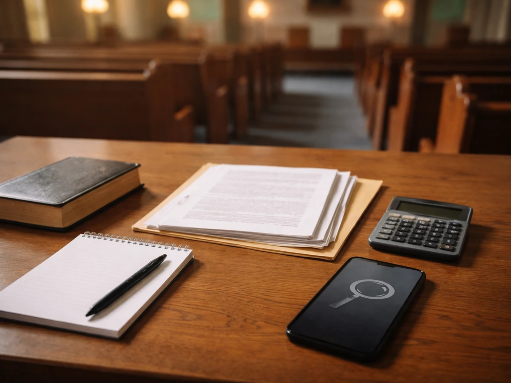 Anonymous desk with Bible, blank notebook, and documents in a softly lit church interior