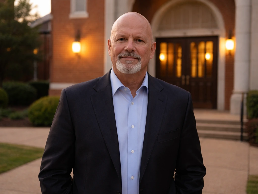 Pastor Jeff Schreve standing outside First Baptist Church in Texarkana, Texas at golden hour.