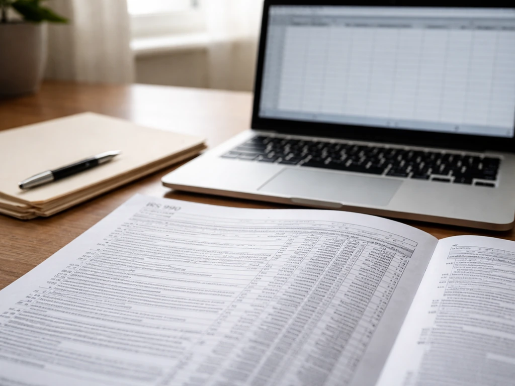 Close-up of open nonprofit 990 document beside a laptop spreadsheet extraction, suggesting financial transparency