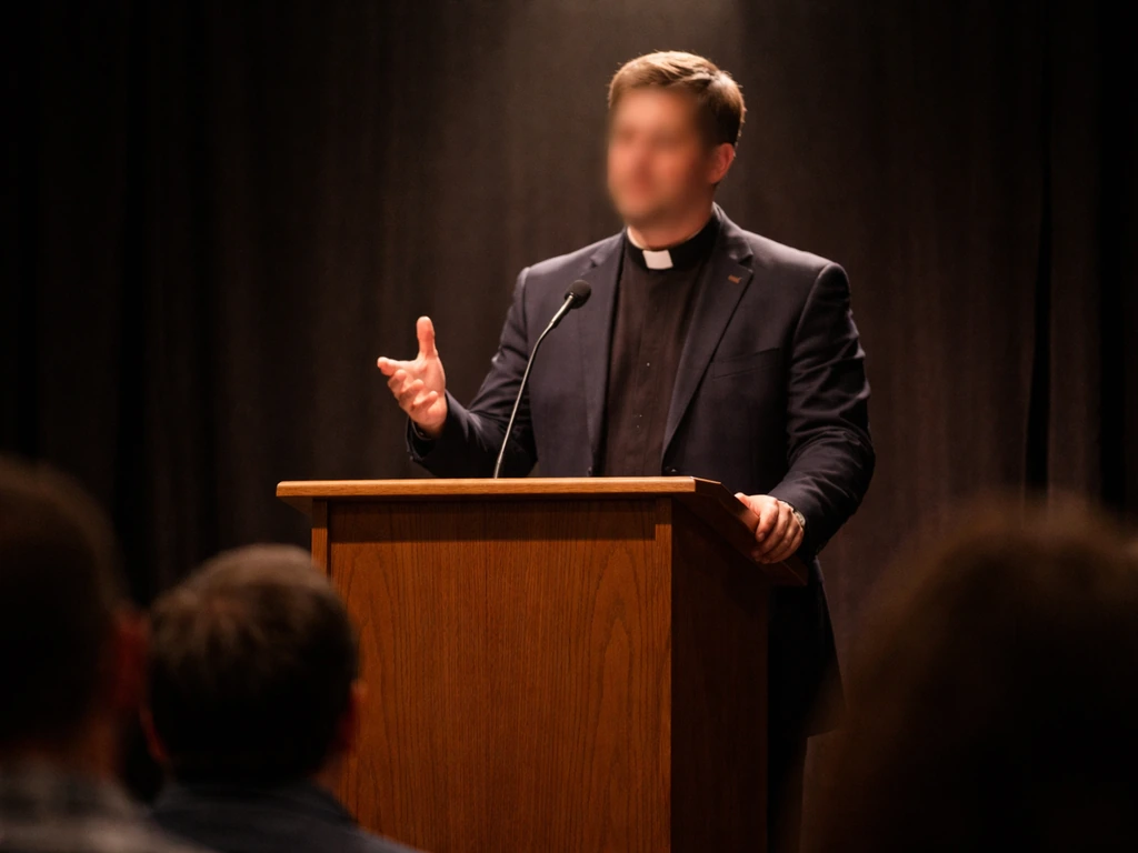 A pastor speaking at a podium on a small stage during a conference, warm stage lights and blurred audience