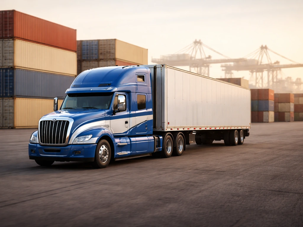 Long-haul tractor-trailer hauling freight through an intermodal yard at golden hour.