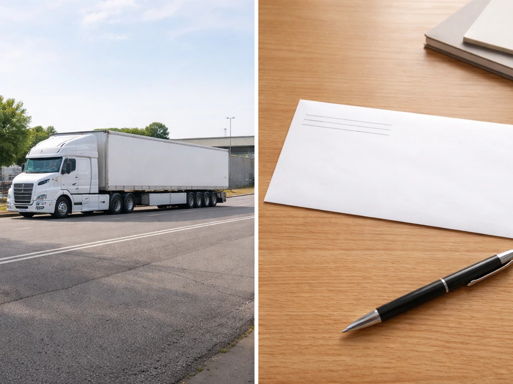 Split image: parked semi truck on one side, blank envelope on a desk on the other.