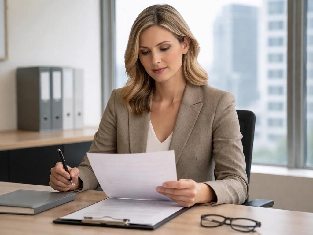 Anonymous executive woman at an office desk with city view through a window, holding papers.