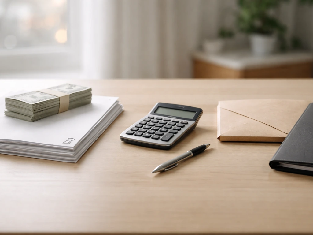Minimal desk scene showing cash and documents beside a calculator, symbolizing assets minus liabilities.