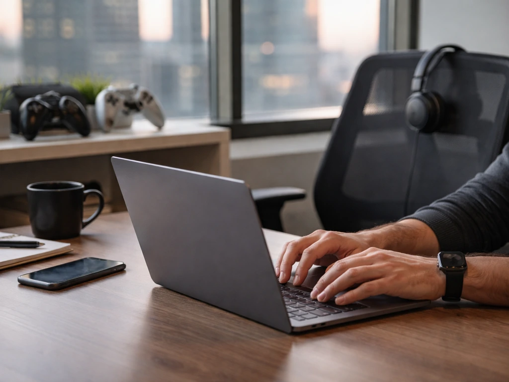 Anonymous game-dev office desk with laptop and headset, suggesting tech acquisition-era context.