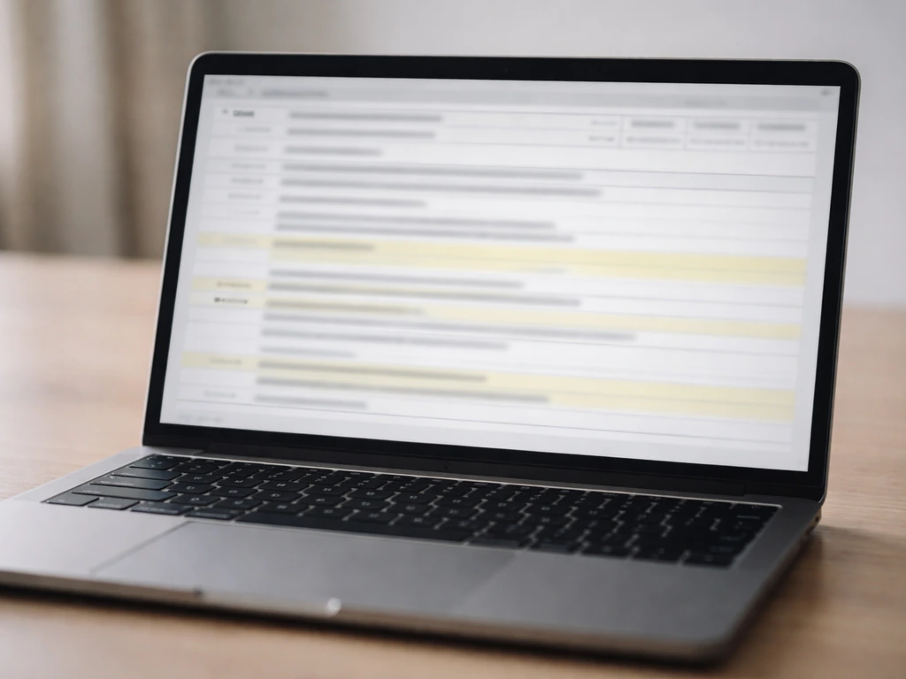Close-up of a laptop screen showing a generic SEC EDGAR-style filing page with highlighted lines, no readable text.