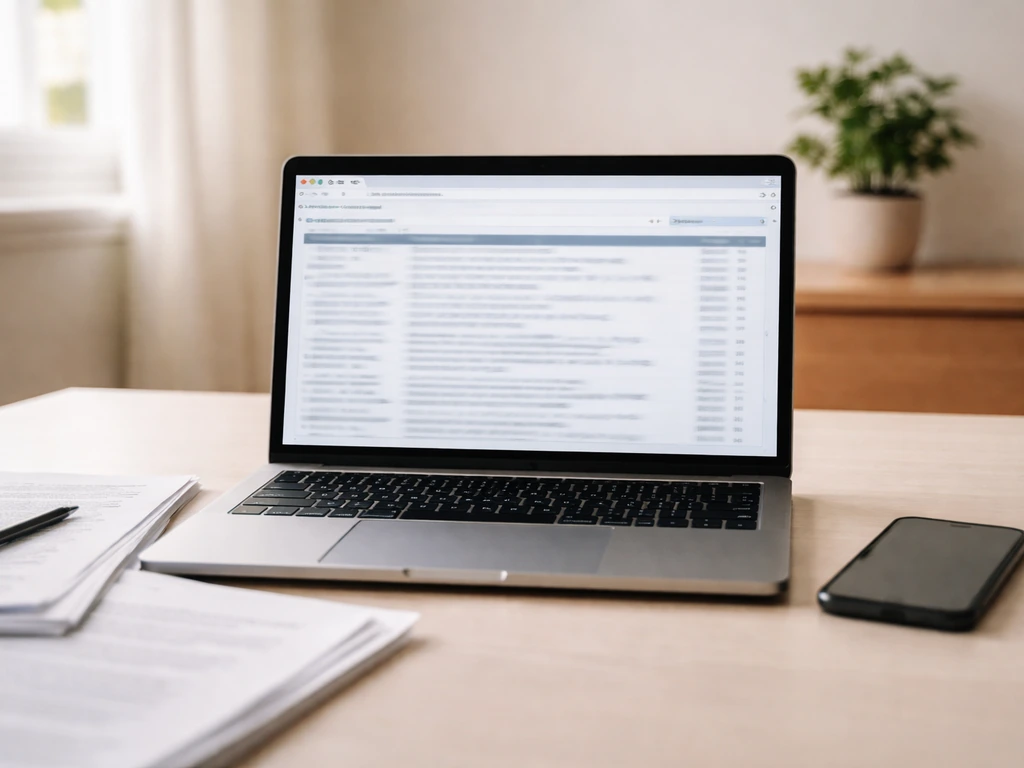 Minimal desk with laptop displaying a generic SEC EDGAR search page, plus smartphone and documents.