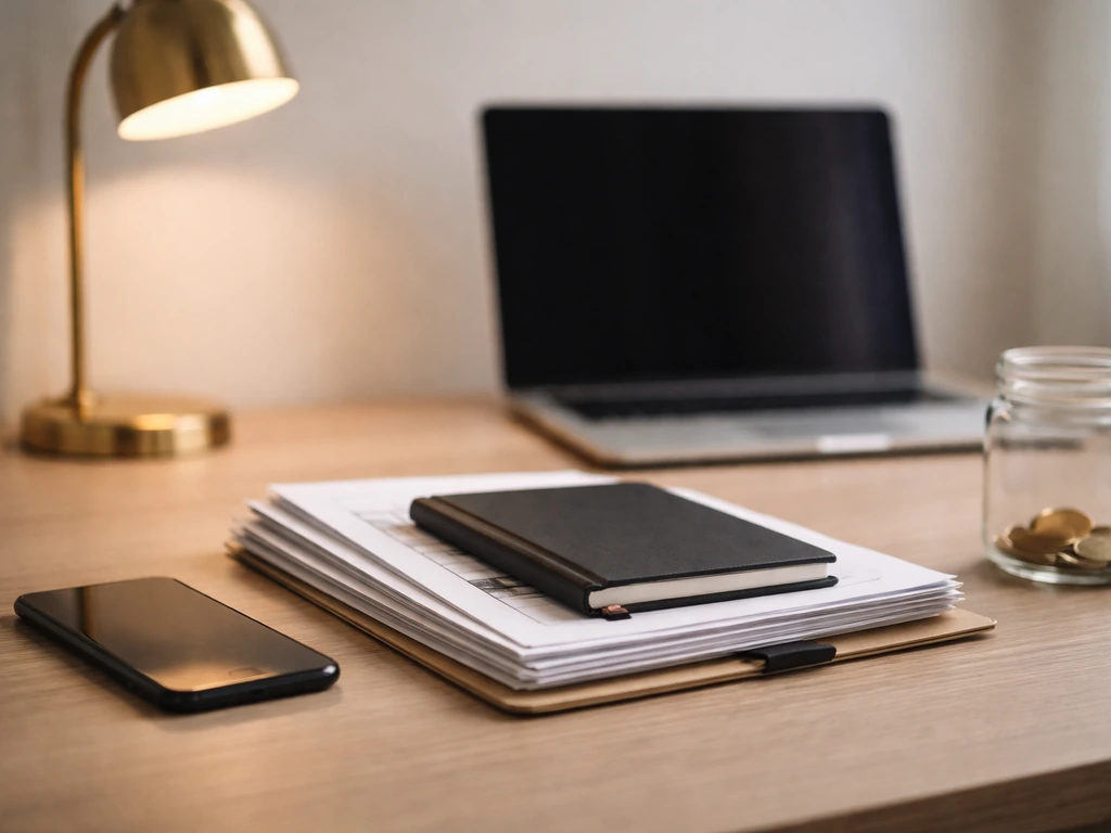 Minimal office desk with documents, smartphone, and coins, symbolizing net worth verification and due diligence.