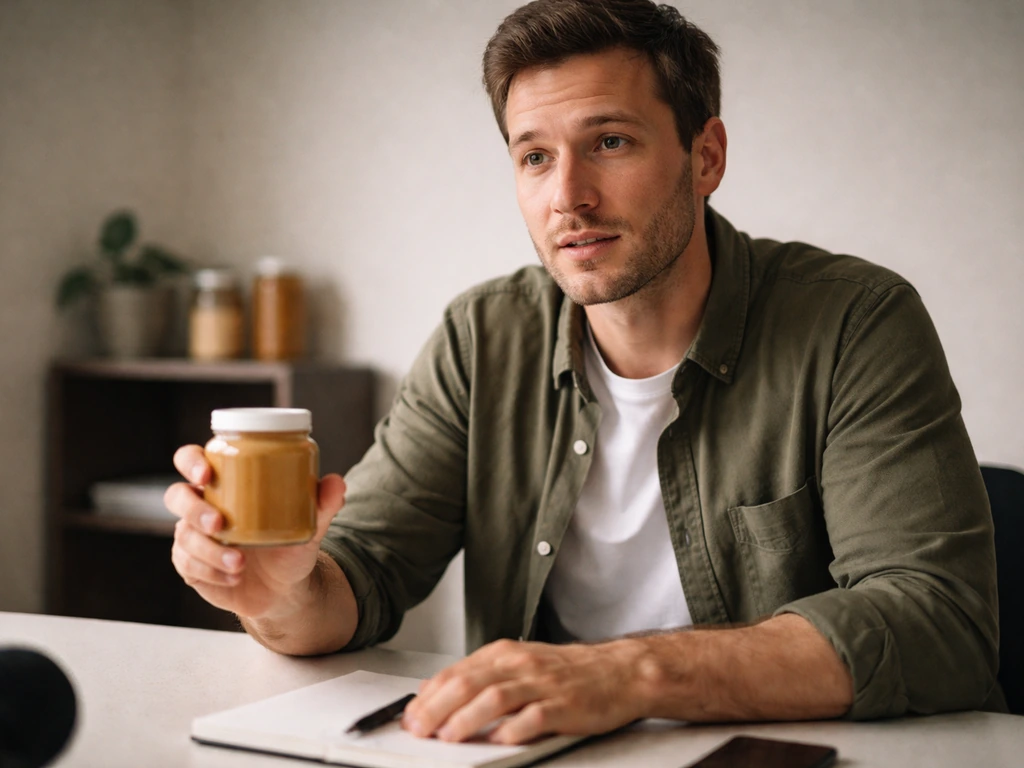 Man in a modest office studio holding a small jar of peanut butter, framed like a documentary interview.