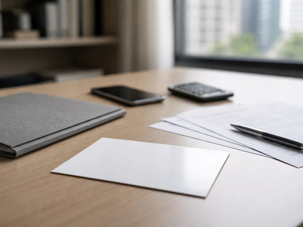 Close-up of a blurred business meeting desk with a valuation-style folder, calculator, and pen in natural light.