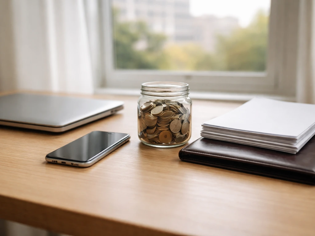 Minimal desk with laptop, coins jar, and blank documents suggesting money sources and equity.