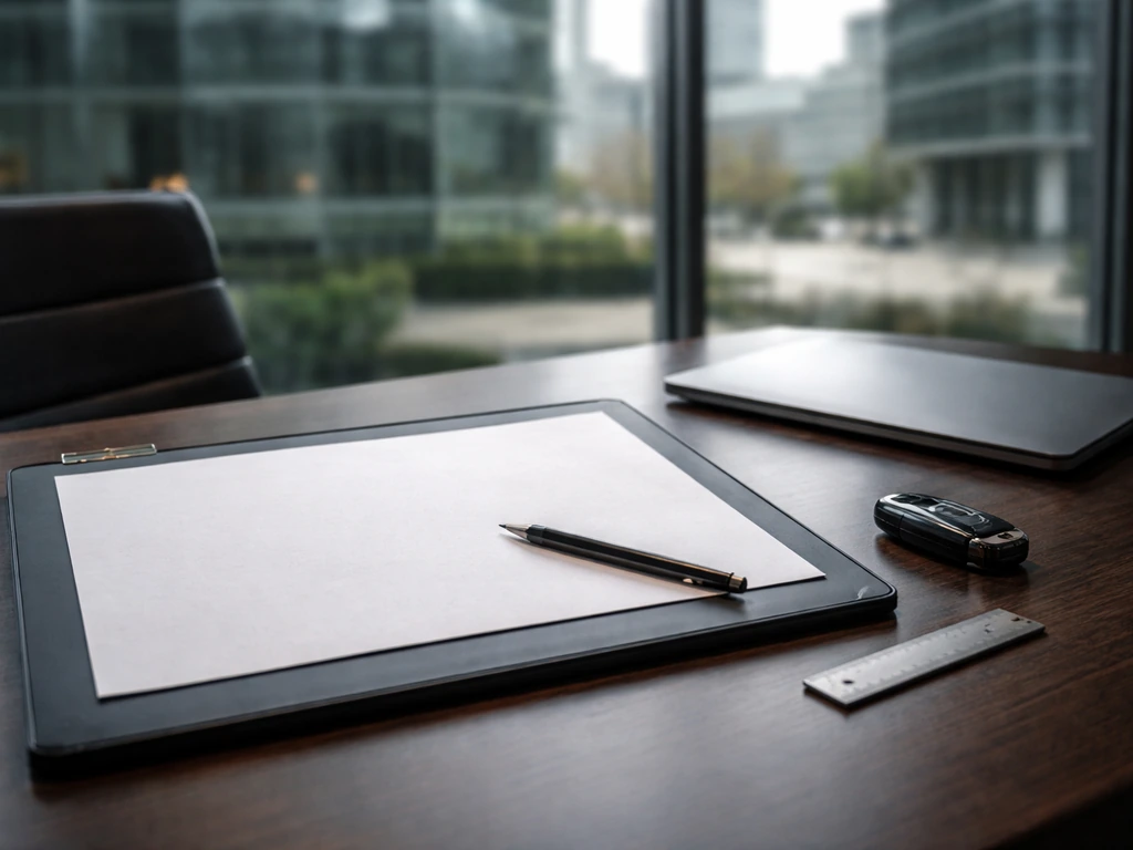 Minimal photo of an anonymous automotive design desk with sketches, a car key, and blurred city office buildings