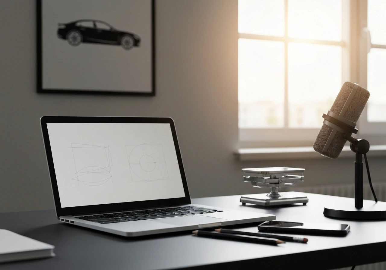 Minimal automotive design studio desk with laptop, tools, and car-themed backdrop in natural light.