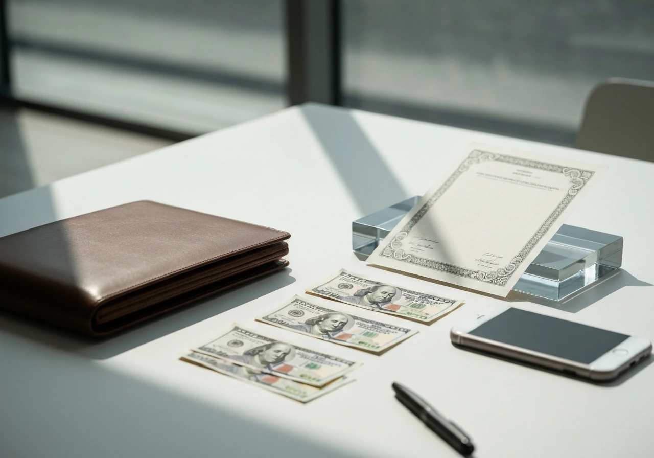 Minimal office desk scene with subtle cues of salary, bonus, and equity using cash and stock certificates