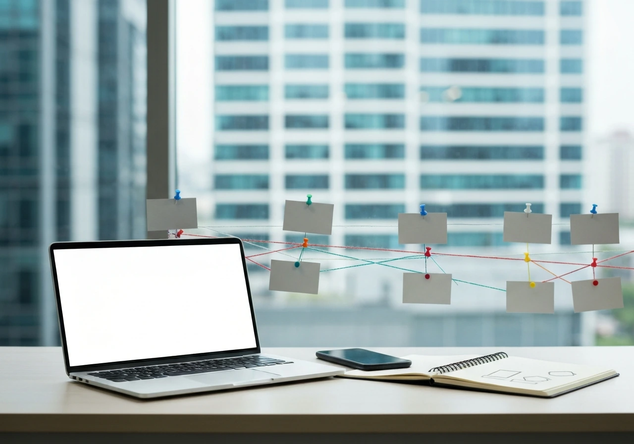 Minimal desk scene with laptop, documents, and a blank string-based timeline suggesting career progression.
